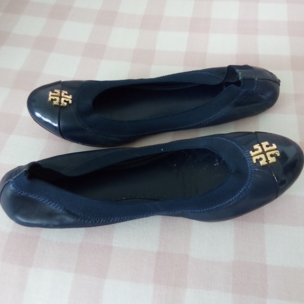 tory Burch blue leather ballerinas.